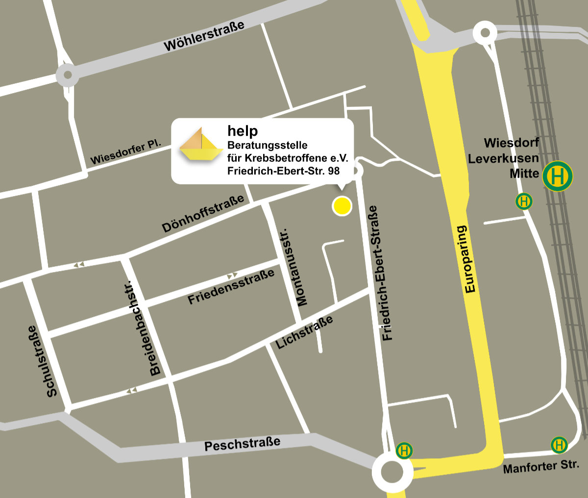 Strassenkarte mit Standort von help Leverkusen, mit Link auf Routenplaner